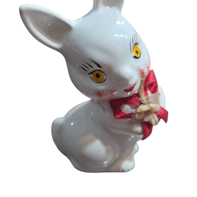 Bela escultura coelhinho em cerâmica vitrificada pintada a mão