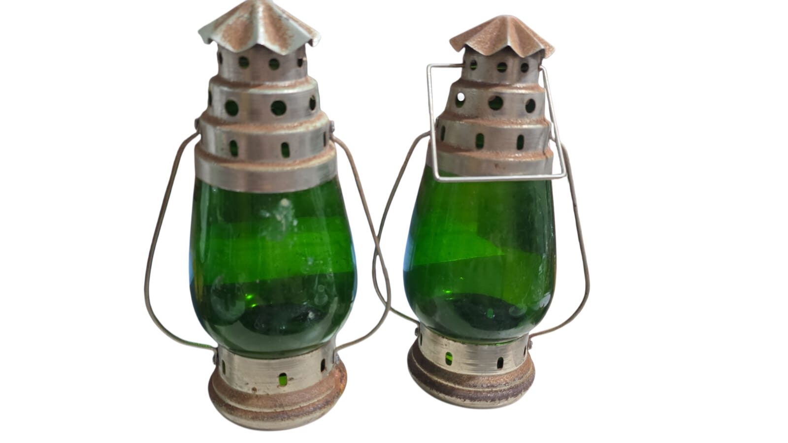 Par de lamparinas antigas, vidro verde,