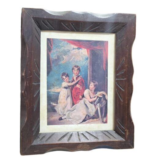 Antigo quadro com belíssima ilustração e rústica moldura em madeira de lei