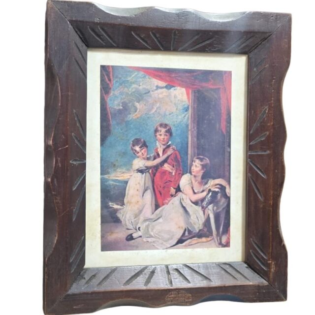 Antigo quadro com belíssima ilustração e rústica moldura em madeira de lei