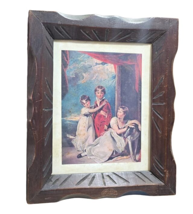 Antigo quadro com belíssima ilustração e rústica moldura em madeira de lei