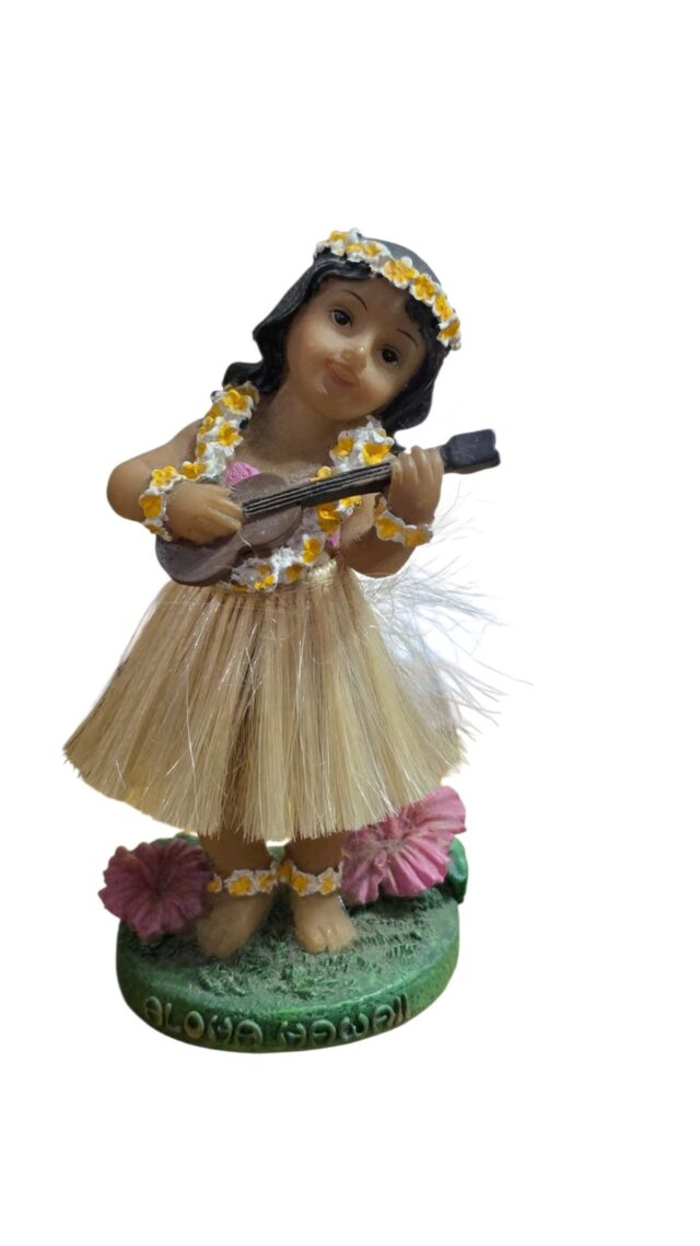 Estatueta decorativa em resina de uma menina havaiana (hula doll) tocando ukulele