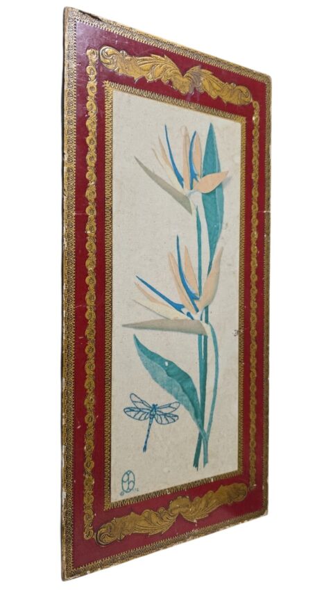 Quadro veneziano em talha de madeira com belíssima arte botânica
