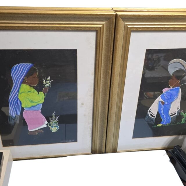 Par de belos quadros mexicanos pintados a mão e assinados