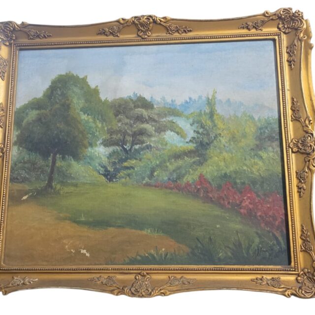 Grande e antigo quadro com incrível moldura dourada e belíssima pintura assinada