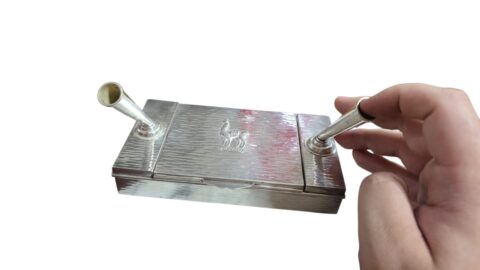 Elegante porta cartões e caneta de escritório, em prata de lei peruana