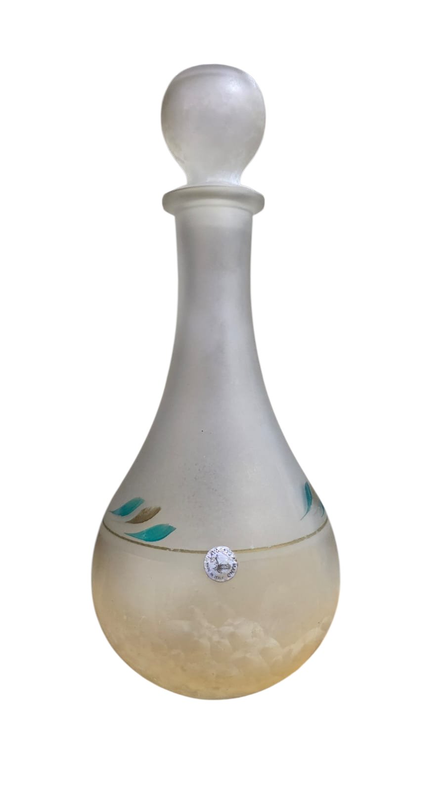 Antigo Decanter italiano em vidro satiné (fosco) com acabamento esmaltado e pintura à mão
