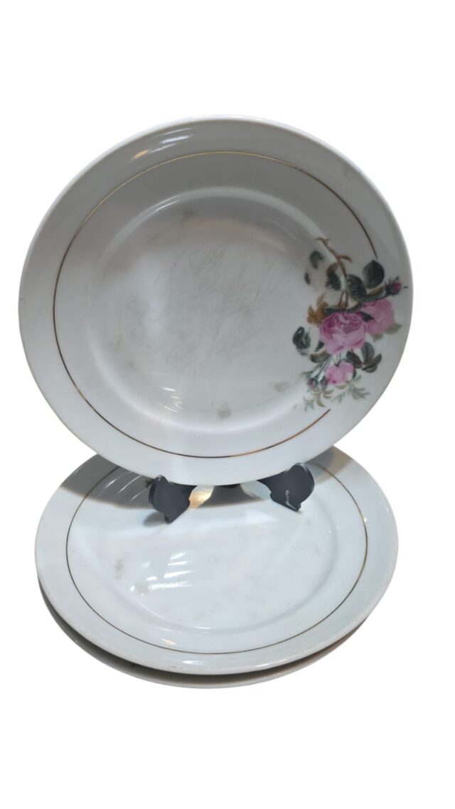 Pratos de sobremesa porcelana Steatita, motivos florais e filetes de ouro. (valor unitário)