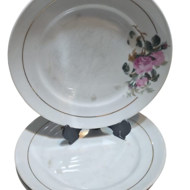 Pratos de sobremesa porcelana Steatita, motivos florais e filetes de ouro. (valor unitário)