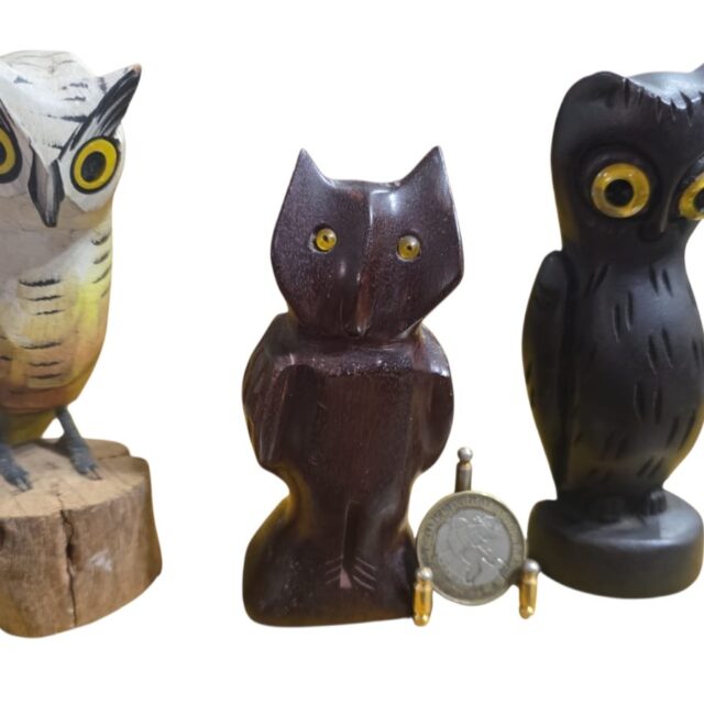 Trio de esculturas corujas de madeira