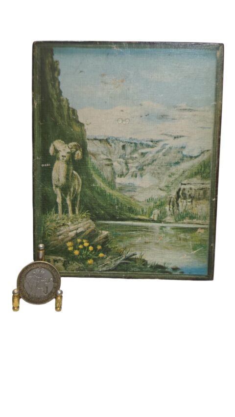 Quadrinho de madeira, com gravura de paisagem
