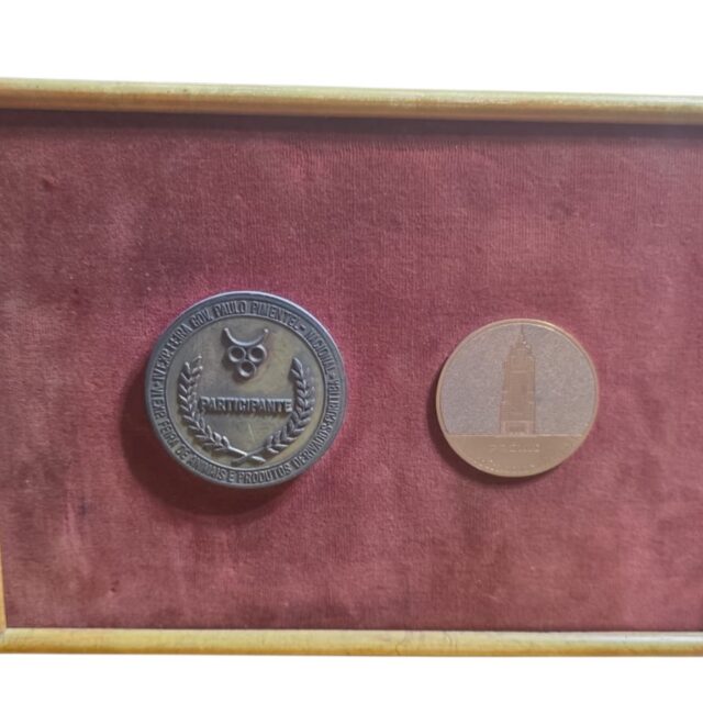 Quadro com duas medalhas antigas colecionáveis de bronze